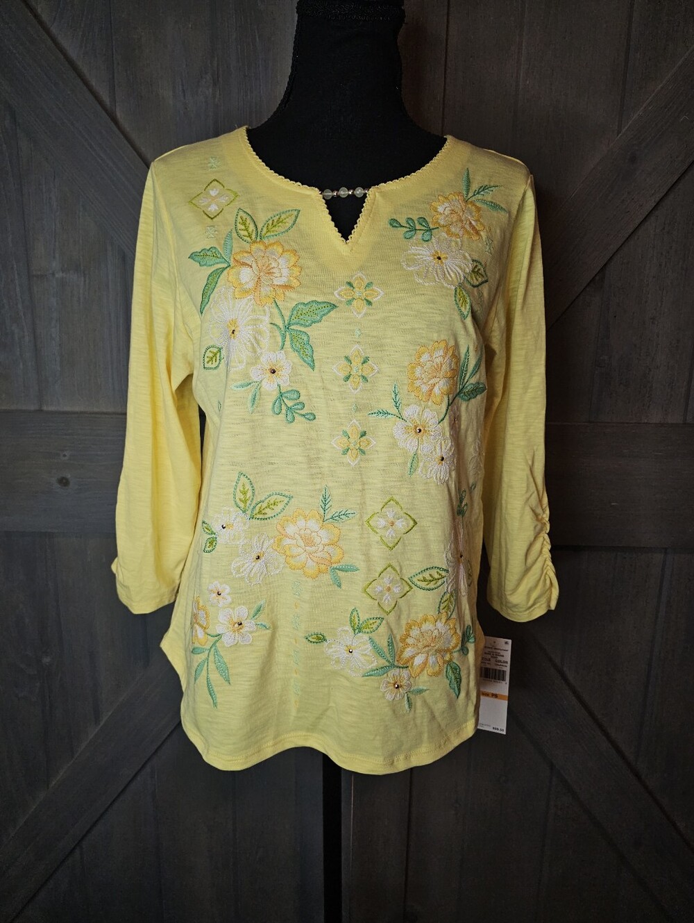 Nwt Alfred Dunner Yellow Embroidered Floral 3/4 Sleeve V-neck Blouse sz PS